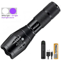 (Pencahayaan perkhemahan) LED E17 T6 + 395nm, sumber cahaya dwi, lampu suluh UV boleh dicas semula, 