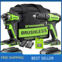 Greenworks 24V Brushless Cordless Drill Impact Driver Combo kit, 1/2”Drill &amp; 1/4”Hex Impact Driver Power Tool Kit