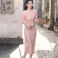 Women Vintage Cheongsam Handmade Button Floral Dresses Chinese Style Summer Long Qipao