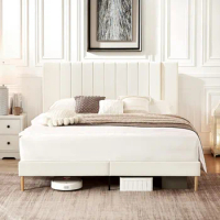 Full Size Platform Bed Frame With Velvet Upholstered Headboard and Wooden Slats Support Cream White Beds Bedroom Furniture Queen