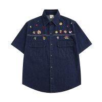 DRSinransinya Áo Sơ Mi denim Tay Ngắn Dáng Rộng Thêu Họa Tiết Hoạt Hình Kiểu r Thời Trang Mùa Hè 202