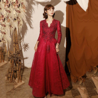 Wine Red Evening Dress Women Dress Temperament Celebrities Annual Meeting Elegant Thin FZ017