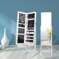 Full Body Makeup Mirror Cabinet Jewelry Box Standing 2 Drawers 5 Layers Storage Shelf Solid Wood White Including Led[US-Stock]