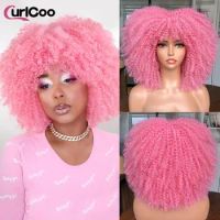 14" Afro Kinky Curly Wigs With Bangs For Women Cosplay Lolita Natural Hair Synthetic Ombre Glueless Blonde Pink blackpink Wig