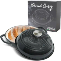 Enameled Cast Iron Bread Pan with Lid, 11” Nero (Black) Bread Oven Cast Iron Sourdough Baking Pan