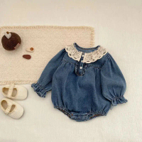 0-2Y Quần áo cho bé gái, bodysuit cho bé gái, quần jeans một mảnh, cổ ren, quần áo cho bé gái