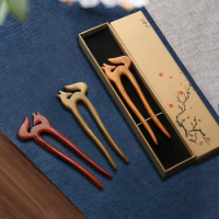 Woman's Hair Stick Chopsticks Sandalwood Fox Shaped Bun Hair Making Accessories U-shaped Hairpin Fork Chinese Hanfu Hair Jewelry