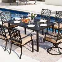 Outdoor 7 pcs Patio Dining Set, Metal Dining Table, Swivel and Dining Chairs Conversation Set with Removable Cushions