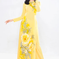 yellow aodai vietnam clothing cheongsam aodai vietnam dress vietnamese traditional cheongsam dress 2 pcs show clothing