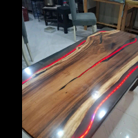 [ pre order 15hr ] Meja Tamu Epoxy P150 L72 T60 Tebal 4cm Kaki Casting Epoxy Dan Kayu LED Remot Baha