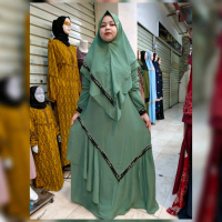 Gamis Wanita Syari Dk 44 Full Ceruty Babydoll Payet Pat Antem. Khimar 2 Layer Polos Kancing Muslim