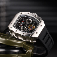 REEF TIGER Titan Stainless Steel Mechanical Watch Tonneau Multifunction Lumious Waterproof Rubber Mechanical WristWatch RGA3009