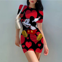 Summer Sexy High Neck Tight Dress Mickey Mouse Print Bottom Sexy Spicy Girls Slim Wrapped Hip Dress Bodycon Women Bodyco