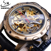 SHENHUA Classic Automatic Mechanical Hollow Antique Engraving Dial Design Waterproof Bronze Bell and Ross WristWatches For Men