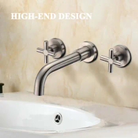 Bathroom Basin Faucet SUS 304 Stainless Concealed Wall Mounted Faucet 360 Rotation Spout Two Handle Hot Cold Water Mixer Tap