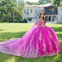 Pink Quinceanera Dresses 2024 Gold Lace Appliques Mexican Ball Gown Prom Party Dress Vestidos Butantes 15 anos