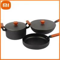 Xiaomi A Set of Pans 3 Pieces Cooking Pots Cast Iron Wok Pan Set Soup Pot Frying Pan With Lid Wooden Handle Cookware Sets