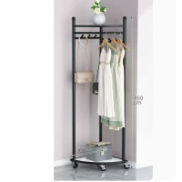 多功能晾衣架 衣帽架 簡約掛衣櫃 曬衣架 【轉角衣帽架-置物板-黑色-帶輪子】