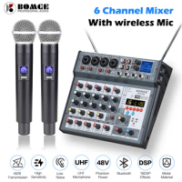 6 Channel Audio Mixer Mixing Console Built-in Microphone UHF Wireless Mics Bluetooth USB 16 DSP Effect For DJ Karaoke PC Record