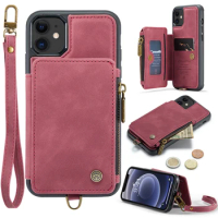 For Apple iPhone 12 Pro Max 12 Mini Zipper Wallet Phone Case with Card Slots Shockproof Plain Leather Protective Cover Coque