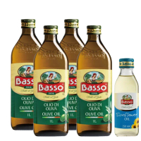 【BASSO 巴碩】義大利耐高溫特純橄欖油1Lx4瓶 再加1瓶250ml純葵花油(適合煎煮炒炸且不帶有橄欖特殊香味)