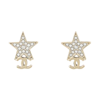 【CHANEL 香奈兒】CHANEL小LOGO雙C搭鑽鑲式星星穿式耳環(淡金)