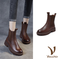 【Vecchio】真皮短靴 牛皮短靴/全真皮頭層牛皮舒適經典百搭切爾西短靴(棕)