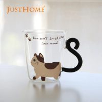 【Just Home】貓咪造型耐熱玻璃馬克杯245ml-散步貓(杯 玻璃杯 耐熱玻璃)