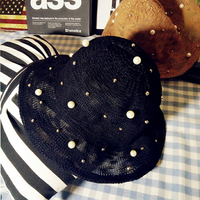 韓國夏季黑色優雅珍珠花朵大檐折疊禮帽漁夫帽防曬遮陽帽女潮帽子