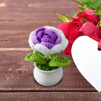 Artificial Roses Handwoven Simulation Pot Knitting Rose Flower Bonsai Mini Cute Style Diy Crochet Knitted Potted for Garden