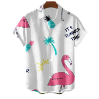 2023 New Men's Shirt Hawaiian Flamingo Print Men's Shirt Fashion Short Sleeve Men's Lapel Oversized 5xl Shirt