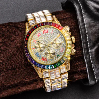 Ice Out Watches for Men Luxury Handmade Mosaic Diamond Gold Steel Watch Chronograph Waterproof Hip Hop Mens Watches Reloj Hombre