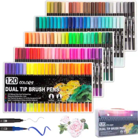 Pack of 120 Dual Tip Brush Art Marker Pen Coloring Markers Fine