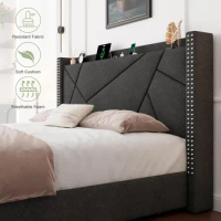 Queen Bed Frame with 4 Storage Drawers Upholstered Platform Bed Frame with Charging Station &amp; Wingback Shelf, Solid Wood Slats