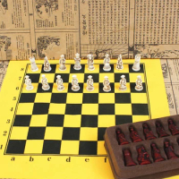 Characters Chess Game Leather Chess Board Handmade Characters Chess Terracotta Chess Pieces for Parent-Child Entertainment