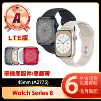 【Apple】A級福利品 Watch Series 8 LTE 45mm鋁金屬錶殼智慧手錶(A2775/單機無配件/無錶帶)