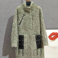 [Special price]Mid length standing collar lamb fur coat casual fur integrated coat for women with shoulder sleeves