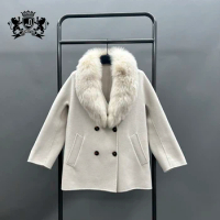 MISSJANEFUR Winter Coat For Women Wool Cashmere Jackets With Real Fur Collar Warm Luxury Fur Coat