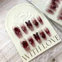 [HANDMADE]Artificial Nail Spice Girl Wine Red Camellia Butterfly Phototpy Nails Reusable and Removable Nails