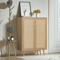 Rattan Cabinet, 44" H Tall Sideboard Storage Cabinet with Crafted Rattan Front, Entryway Shoe Cabinet Wood 2 Door Accent