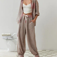 Tesco New Style Plaid Women Home Clothing Sets 2 Piece For Spring And Autumn Loose Blouses+Trousers Suits Women Pajama Set