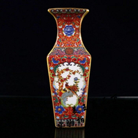 古玩收藏 景德鎮瓷器琺瑯彩喜上枝頭花瓶 明清瓷器 花卉四方花瓶
