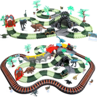 【CuteStone】兒童擬真恐龍公園軌道吉普車與鐵道聲光火車套裝玩具35件組(聲光火車玩具 軌道車玩具)
