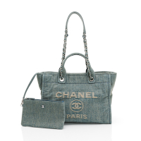 CHANEL香奈兒 Deauville 經典雙C LOGO藤織帆布銀鍊手提肩背沙灘/托特包(淺丹寧藍)