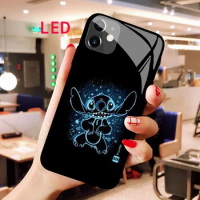 Stitch cartoon Luminous Tempered Glass phone case For Apple iphone 12 11 Pro Max XS mini Acoustic Control Protect LED Cool cover