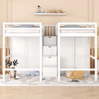 Twin size loft bed with wardrobe and storage stairs, practical bed for family use, children's bunk bed, modern design double bed