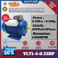 MAXPUMP Mesin Dinamo pengerak electro motor 0.25kw 0.33hp 4pole 1400rpm Dinamo 1PHASE
