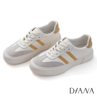 DIANA 3.5 cm質感牛皮經典側邊雙線條運動輕量休閒鞋-黑X黃