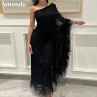 Amanda Luxury Feather Trim Prom Dress One Sleeve Party Dress Black Silk Chiffon Evening Dress Grace Mermaid فساتين مناسبة رسمية