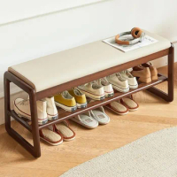 Solid wood shoe stool,2-layer wooden storage foyer bench,medieval modern shoe stool rack,artificial leather padded bed end bench